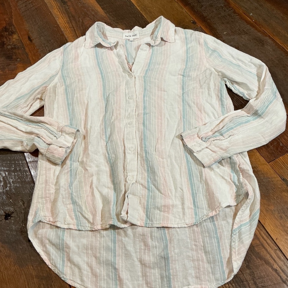 Bella Dahl Havana Rainbow Stripe Linen Blend Button Down Shirt Size M